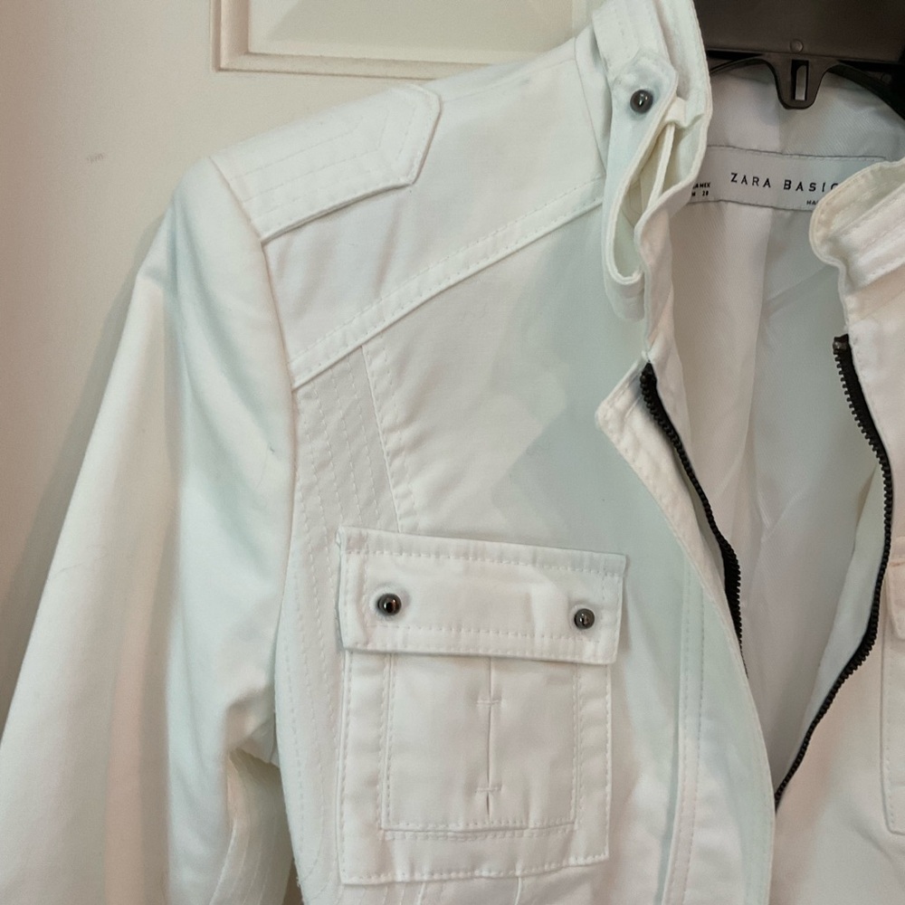 Zara White Jacket w/ Cinch Waist Belt, Zip Front, Pockets, Turn Back Cuf… - Picture 5 of 15